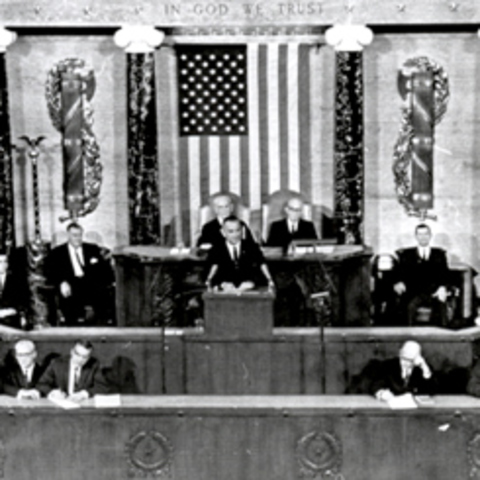 President Lyndon B. Johnson announces his "Great Society" plan during his State of the Union address