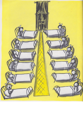 Madeleine, dans son lit, les yeux rouges, pleure et gémit.