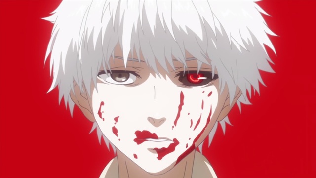 Kaneki survives and his hair is turned white