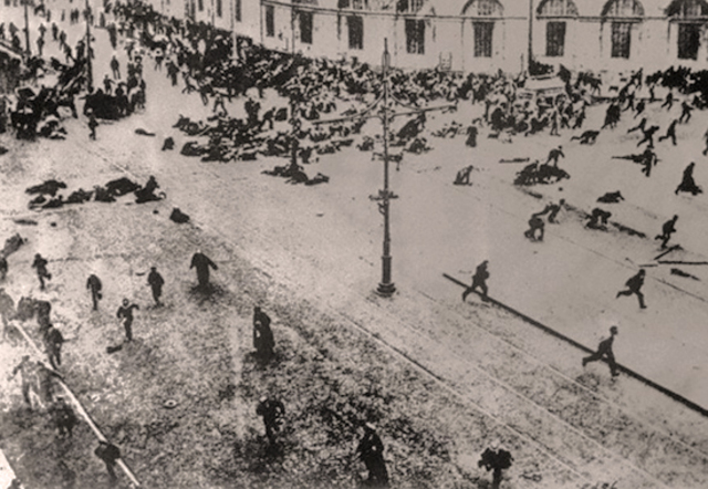 Tsarist troops open fire on a peaceful demonstration of workers in St Petersburg