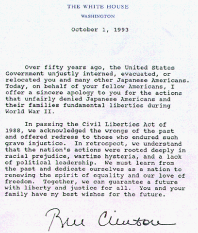 The us president writtes a letter in which he makes apologies to the camps survivors