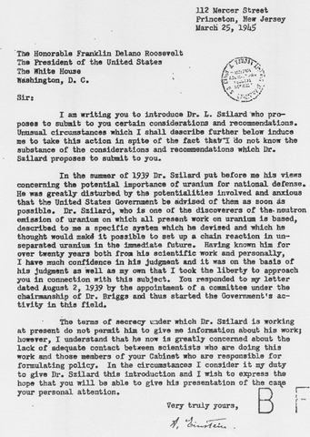 Albert Einstein sends letter to US President Roosevelt describing potential for development of atomic bombs