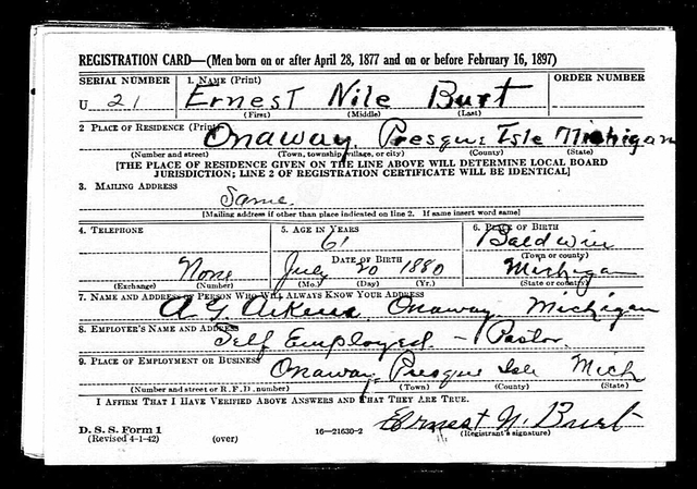 WWII Draft Registration: Living in Onaway, Presque Isle, Michigan, USA