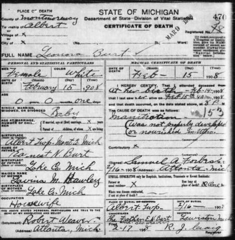 Birth and Death of Daughter Lenora Evelyn Burt