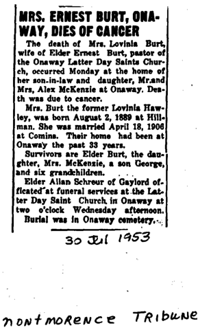 Death of Wife: Lavina May (Hawley) Burt in Onaway, Presque Isle, Michigan, USA