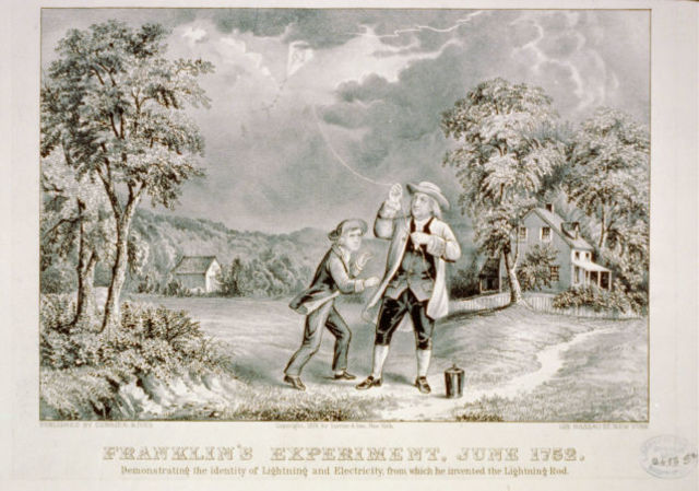 Ben Franklinlin flies a kite in the storm
