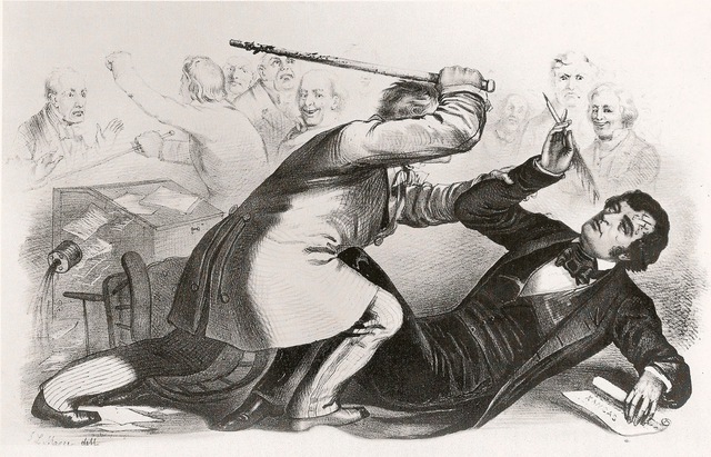 CHARLES SUMNER IS ATTACKED BY PRESTON ON THE FLLOR OF THE SENATE