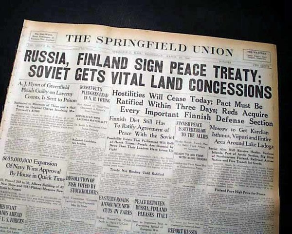 Finland signs peace treaty with Soviet Union.
