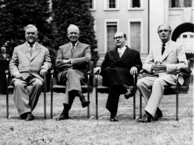 President Dwight D. Eisenhower, Prime Minister Anthony Eden, Premier Nikolai A. Bulganin and Prime Minister Edgar Faure (the Big Four) attend the Geneva Summit.