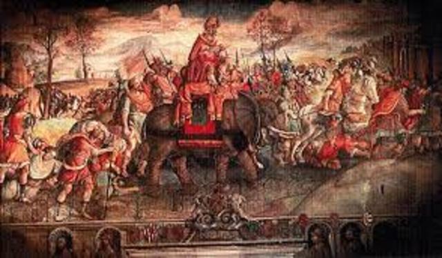 (202 BCE) Hannibal crosses the Alps with troops on elephants to attack Rome but has to turn back and is defeated at Carthage.