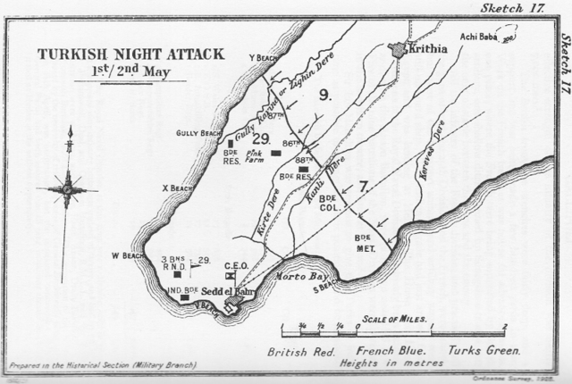 The British brake through the Turkish lines towards Krithia.