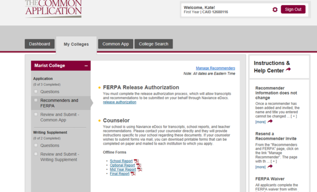 Complete the FERPA on CA account (you MUST fill out the Education section & enter at least one school under "My Colleges"