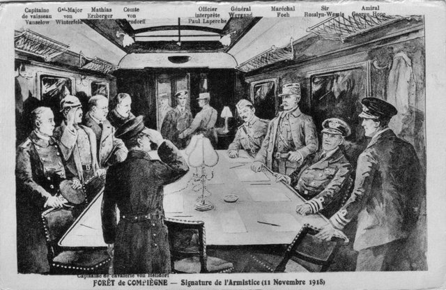 Germany signs the Armistice at Compiegne, France. Fighting ends on the 11th hour of the 11th day of the 11th month (11 a.m. on November 11).