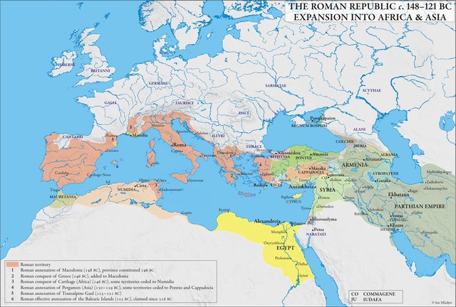 The whole Mediterranean region is now under Roman control after Attalus III of Pergamum wills his kingdom to Rome.
