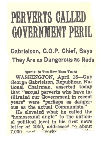 Eisenhower calls homosexuals a security risk and prohibits them from working in goverment: Executive Order 10450