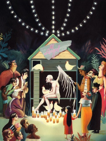 Un señor muy viejo con unas alas enormes