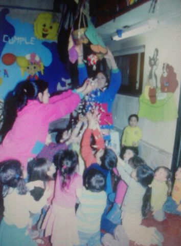 My friends and I caught candys in my birthday