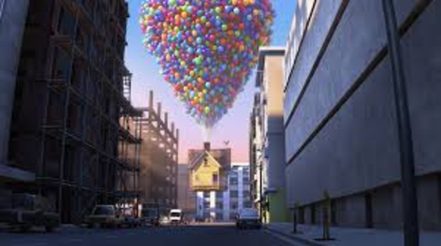 Carl uses balloons to float his house and sets off for Paradise Falls