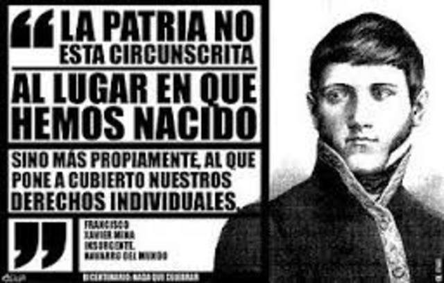 Mina y 300 soldados avanzan al interior del país y se apoderan de 700 caballos en la hacienda de El Cojo.