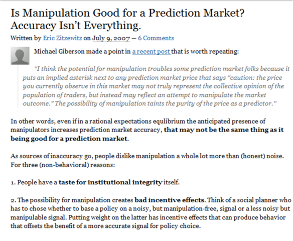 "Is manipulation good for a prediction market? Accuracy isn’t everything", Eric Zitzewitz