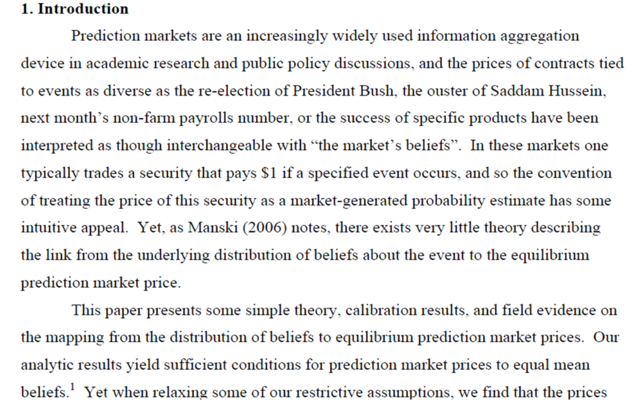 "Interpreting prediction markets as probabilities", Justin Wofers et Eric Zitzewitz