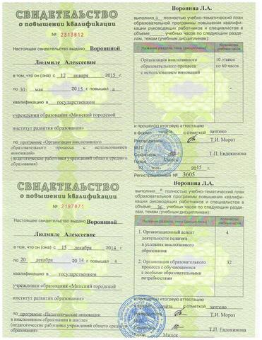 Курсы "Организация инклюзивного образовательного процесса с использованием инноваций", "Педагогические инновации в инклюзивном образовании в школе"