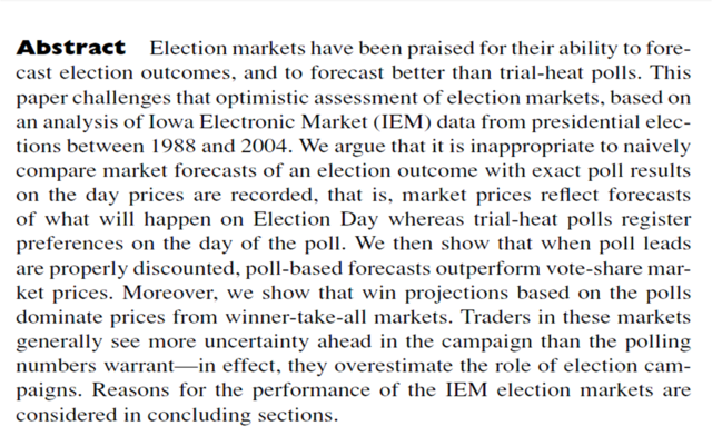 "Are political markets really superior to polls as election predictors?" Robert S Erikson et Christopher Wlezien