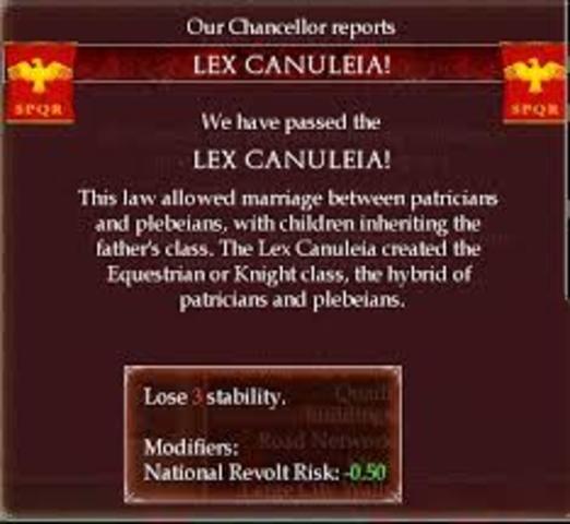 445 a.C. 	Lex Canuleia.