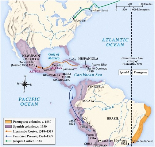The Line of Demarcation divides the world between Spain and Portugal