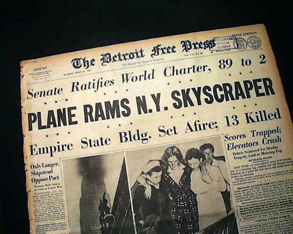 A B-52 bomber flies into the Empire Sate building killing 13 people