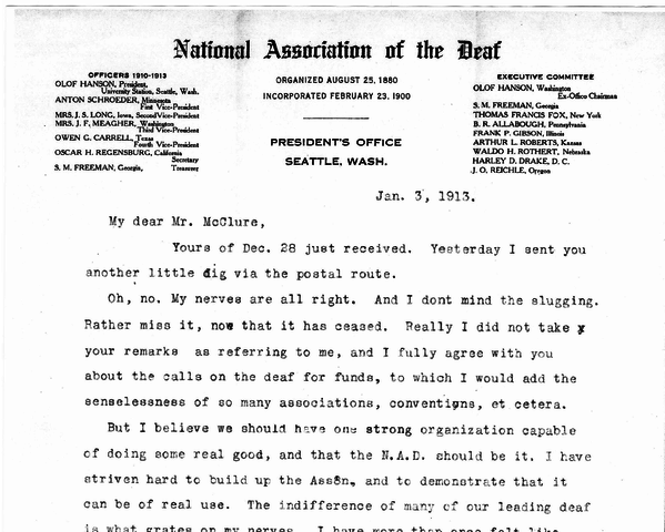 President Olaf Hanson - Letter to Mr. McClure