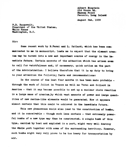 Carta de Albert Einstein dirigida a Franklin Delano Roosevelt