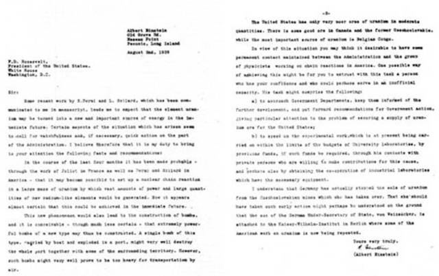 la carta de Albert Einstein hacia el presidente Roosvelt