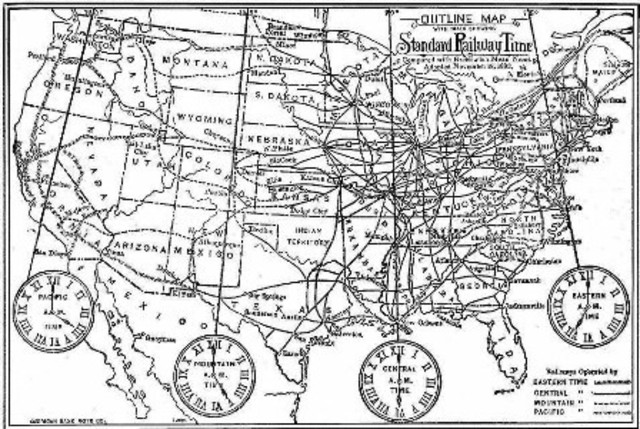 Railroads set up standard time zones
