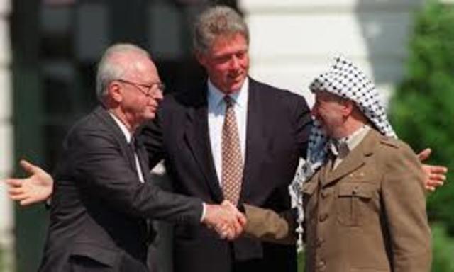 President Clinton, Yitzhak Rabin, and Yasir Arafat signed the Oslo Agreement.  By the time Clinton left office, the peace process had came to a screeching hault, and a new round of Israel-Palestine violence had begun.