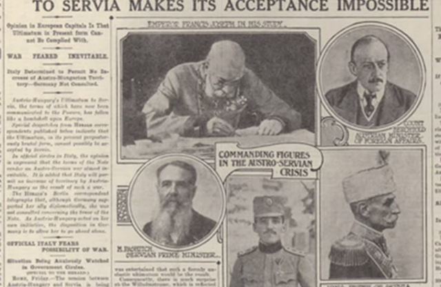 Austria-Hungary sends ultimatum to Serbia and Serbia agrees to two of the three terms of the ultimatum