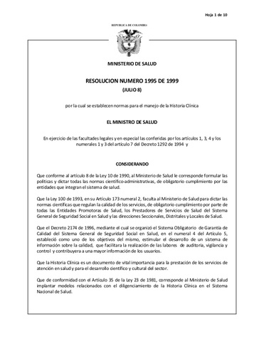 RESOLUCION NUMERO 1995 DE 1999