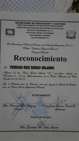 obtuve reconocimiento de promedio de 9.6