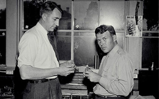 Hewlett and Packard in the garage workshop courtesy HP Archives