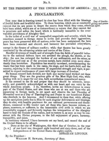 President Lincoln declares Thanksgiving a national holiday