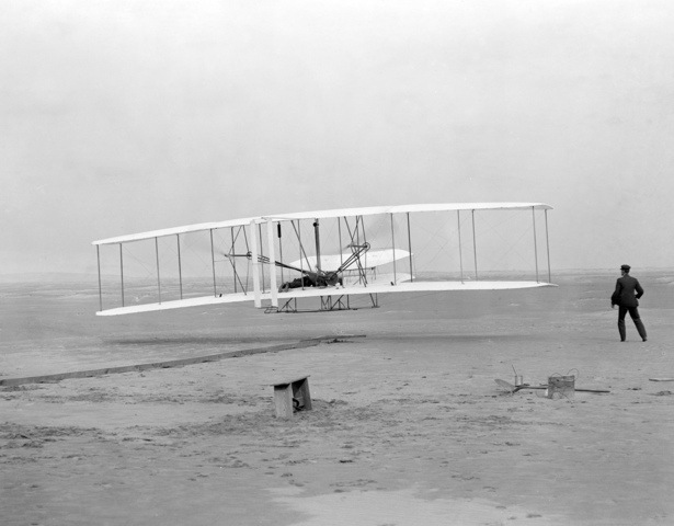 The Wright 1903 Flyer, first sustained airplane flight by the Wright Broithers