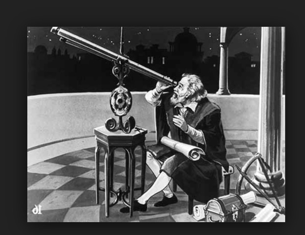 Galileo views moon through telescope