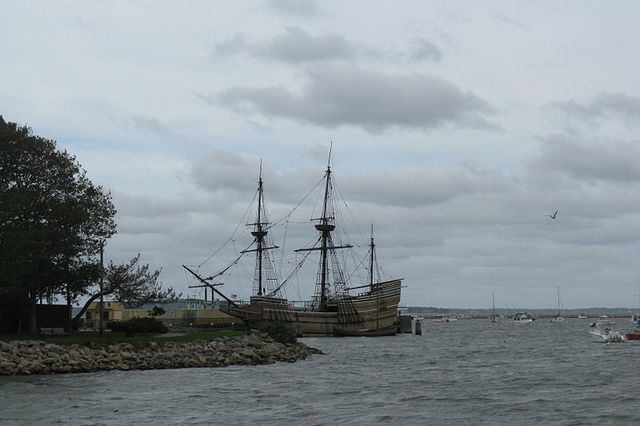 The Mayflower lands at Plymouth Rock, Massachusetts