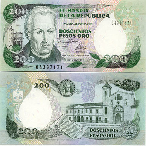 Aparece la imagen del claustro y de José Celestino Mutis en el billete de 200 pesos oro que actualmente no circula.