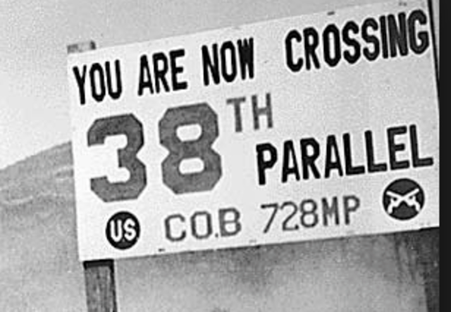 Korea is divided at the 38th parallel by the US and the soviet union worl war II ends