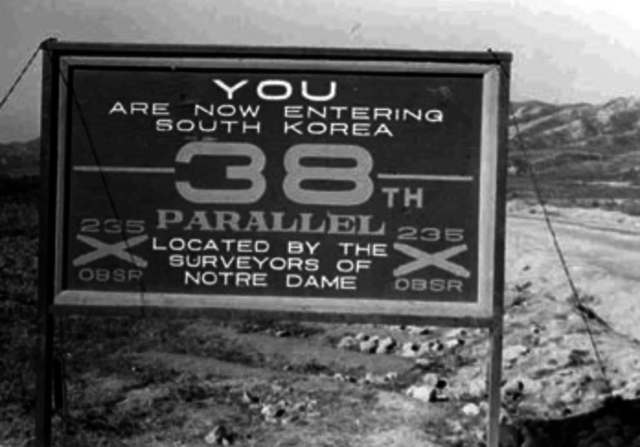 Korea is divided at the 38th parallel by the US and Soviet Union