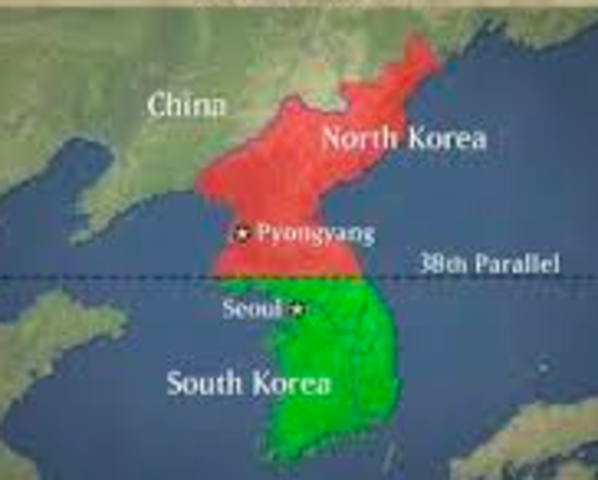 Korea is divided at the 38th parellel by the US