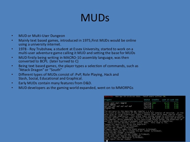 MUD – The earliest form of multiplayer games was debuted