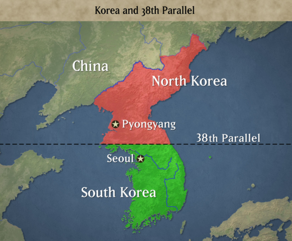 Korea is divided at the 38th parallel by the United States and the Soviet Union