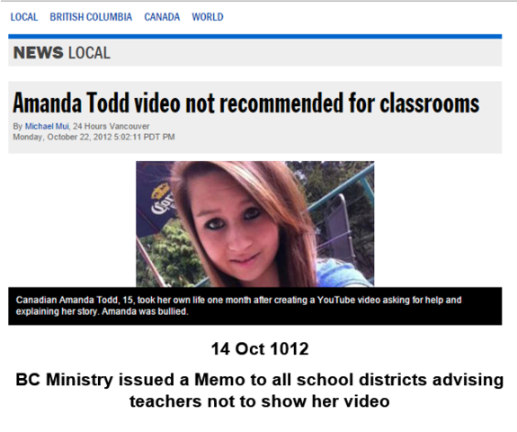Memo from BC Ministry advising teachers not to show Amanda's video to students